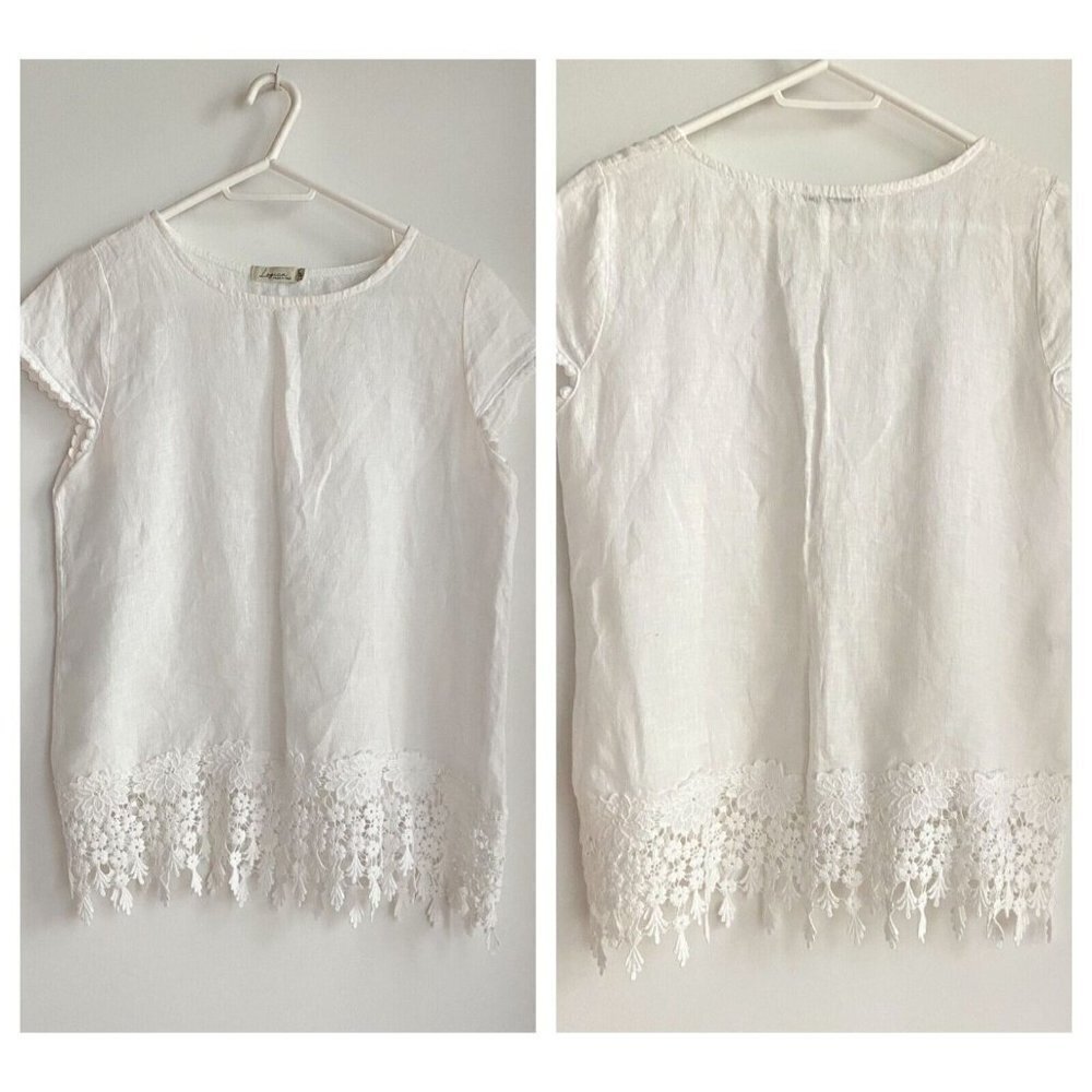 Logica Italy White Linen Top with Crochet Hemline M
